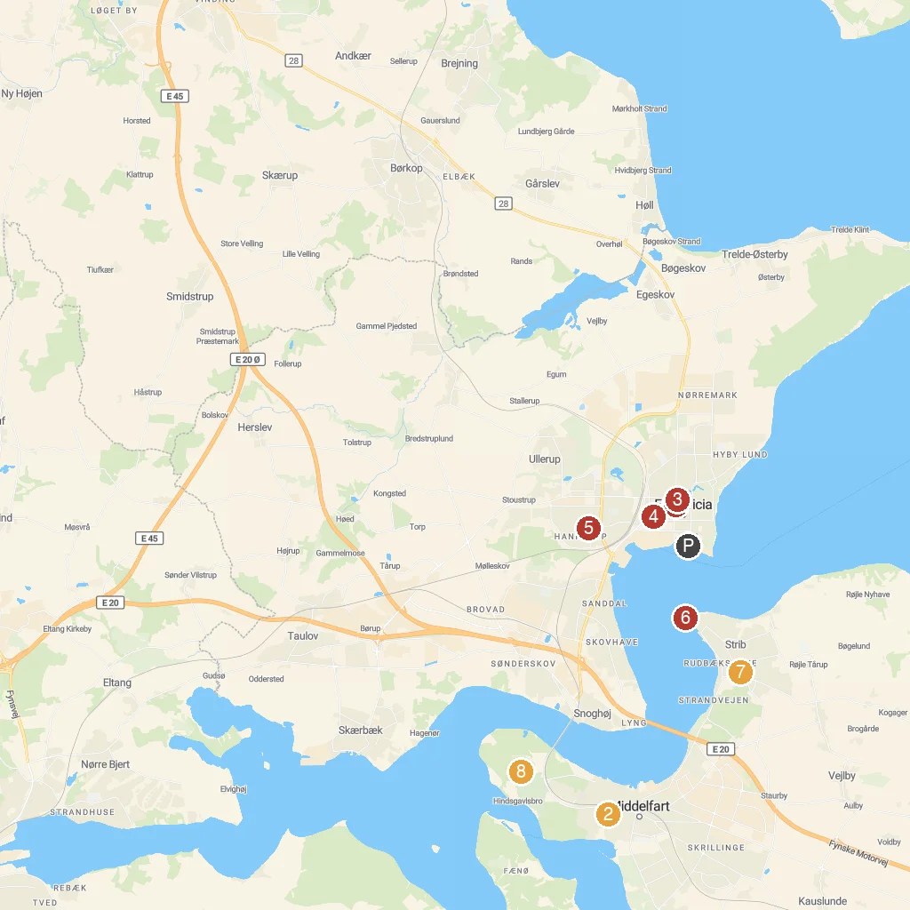 Fredericia, Jutland, Denmark map with numbered points of interest
