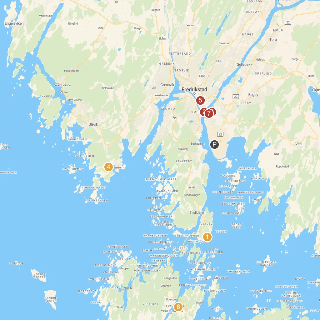 Fredrikstad, Østfold, Norway map with numbered points of interest