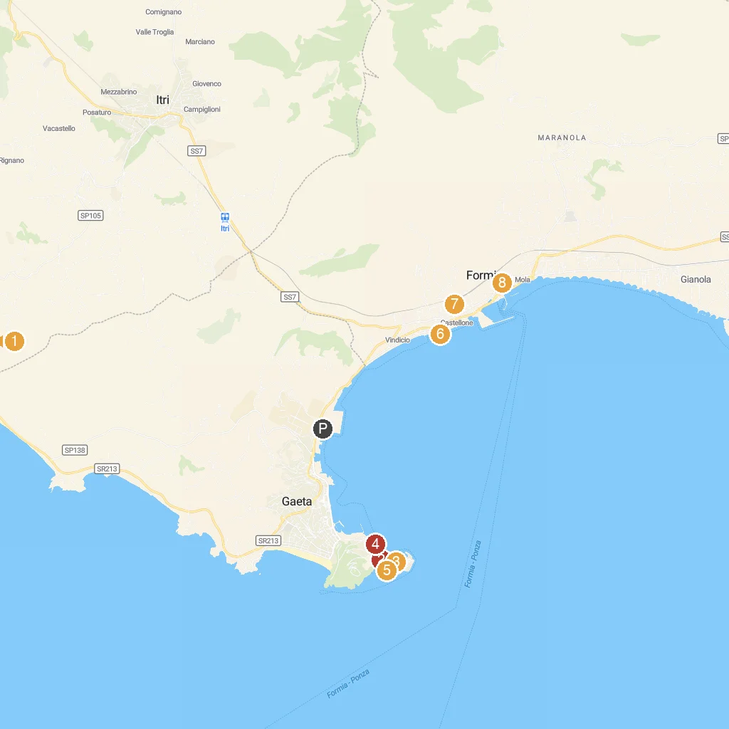 Gaeta, Lazio, Italy map with numbered points of interest