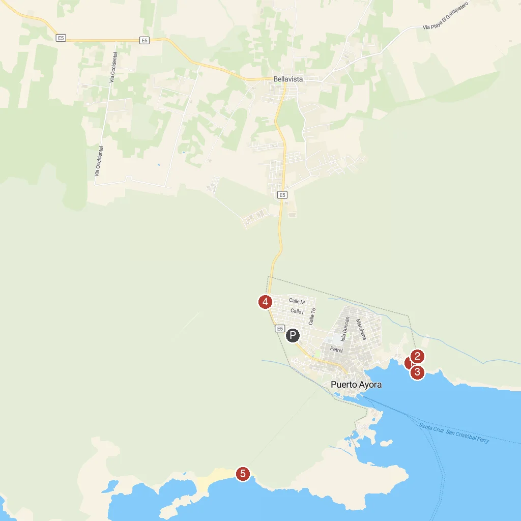 Galapagos Islands, Ecuador map with numbered points of interest