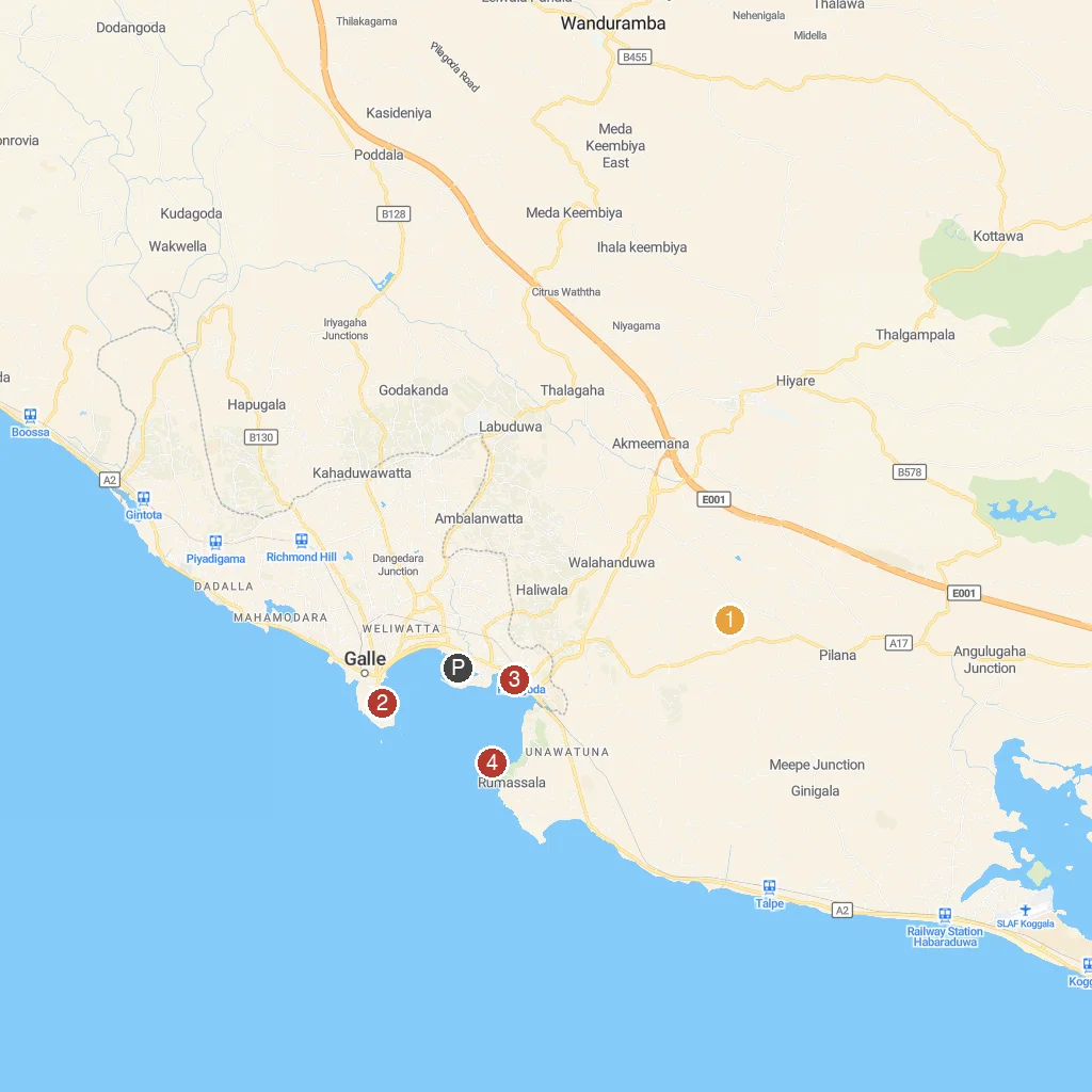 Galle, Southern Province, Sri Lanka map with numbered points of interest