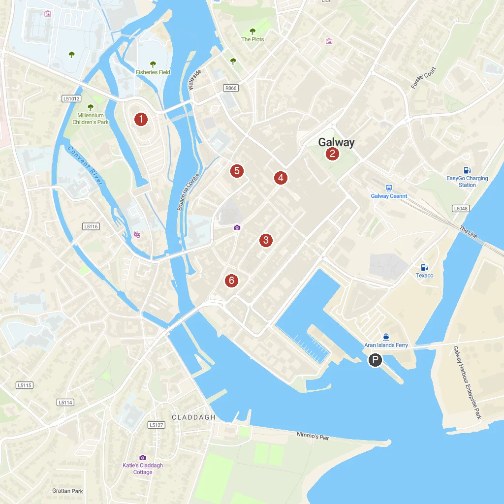 Galway, County Galway, Ireland map with numbered points of interest