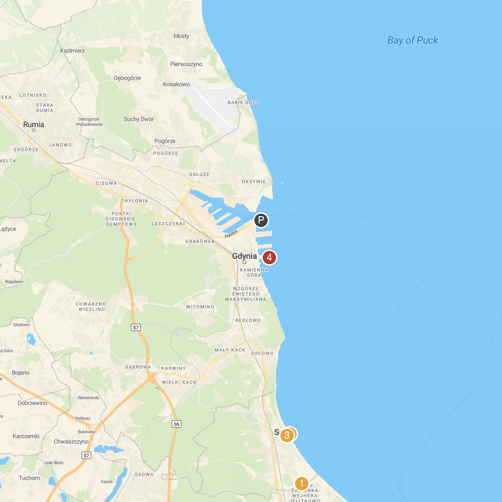 Gdynia / Gdańsk, Pomerania, Poland map with numbered points of interest