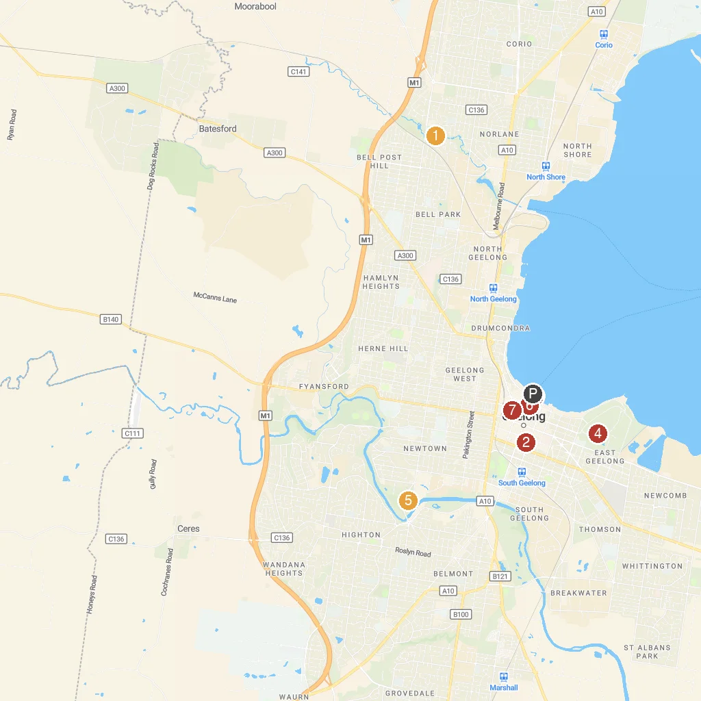 Geelong, Victoria, Australia map with numbered points of interest