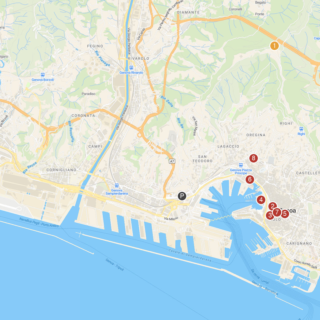 Genoa, Liguria, Italy map with numbered points of interest