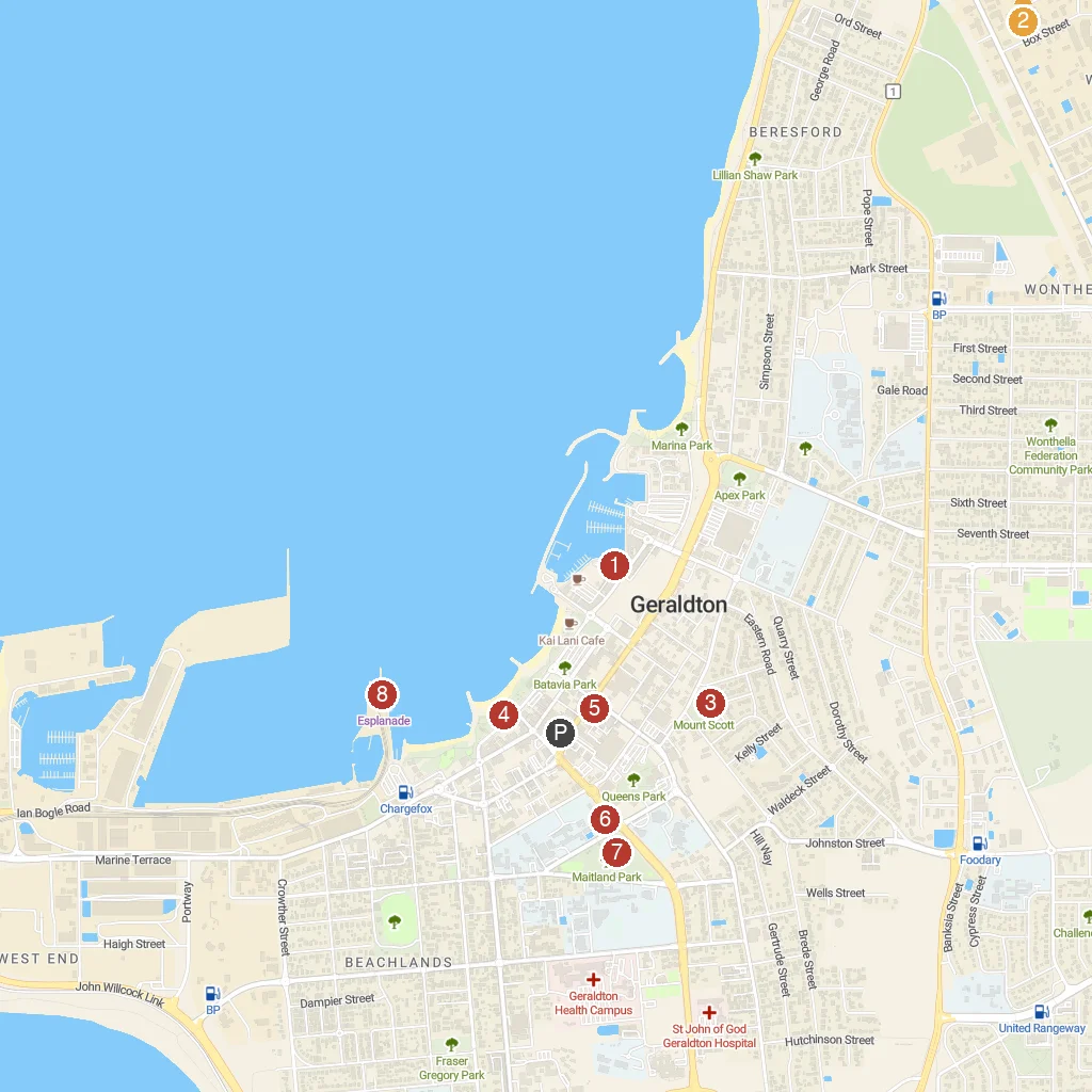 Geraldton, Western Australia, Australia map with numbered points of interest