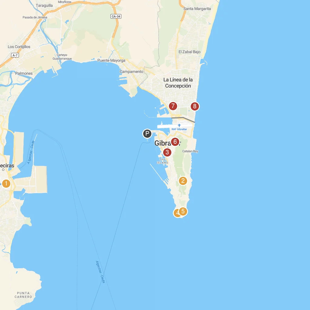 Gibraltar map with numbered points of interest