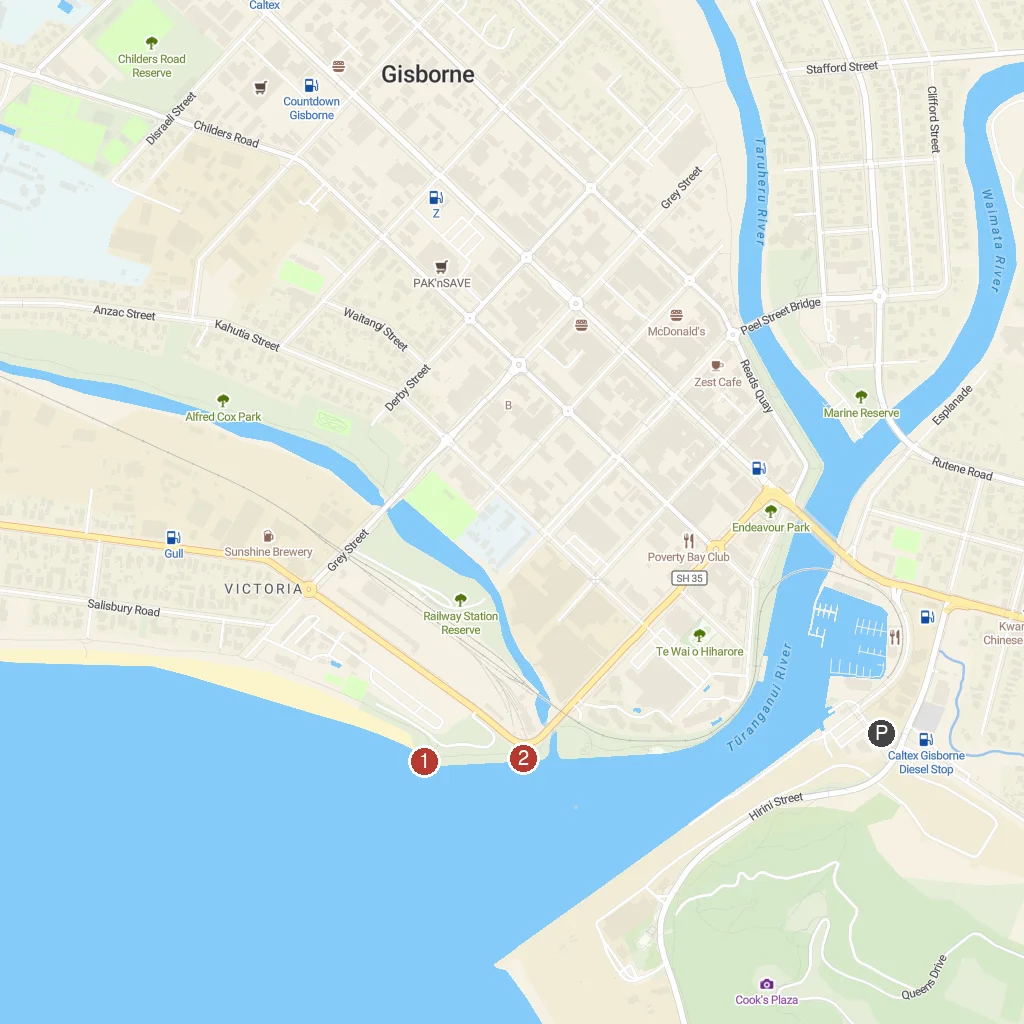 Gisborne, North Island, New Zealand map with numbered points of interest