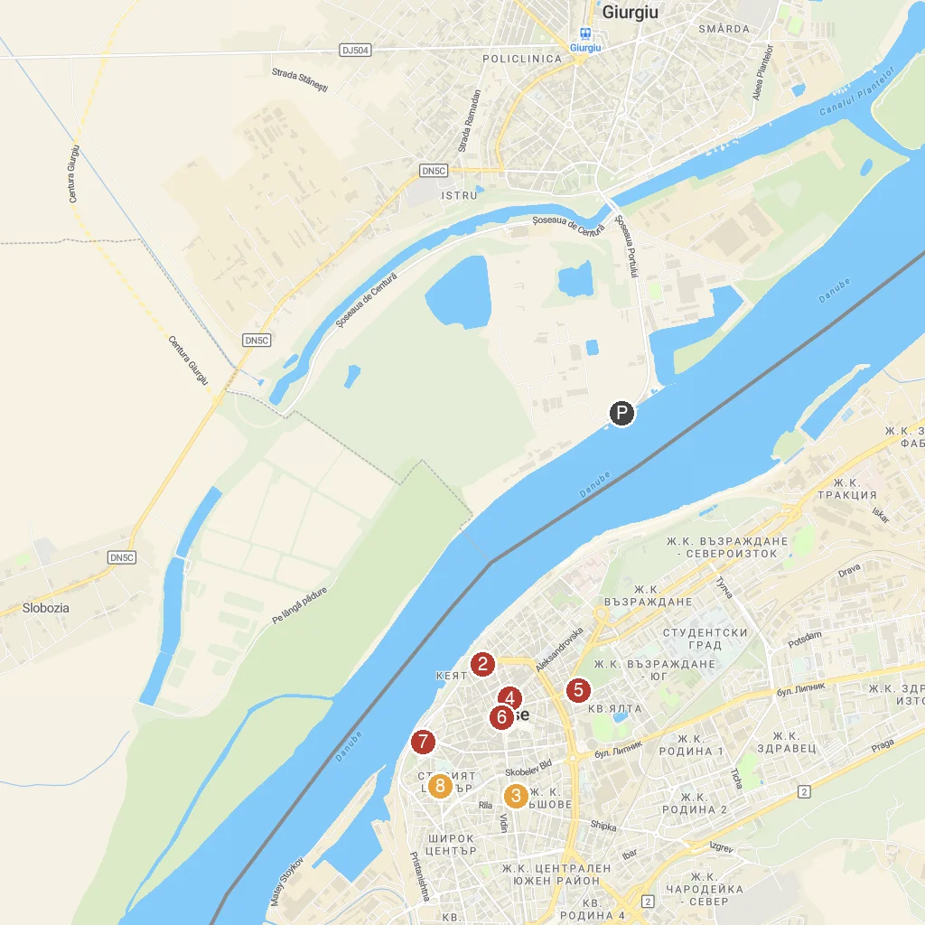 Giurgiu, Giurgiu County, Romania map with numbered points of interest