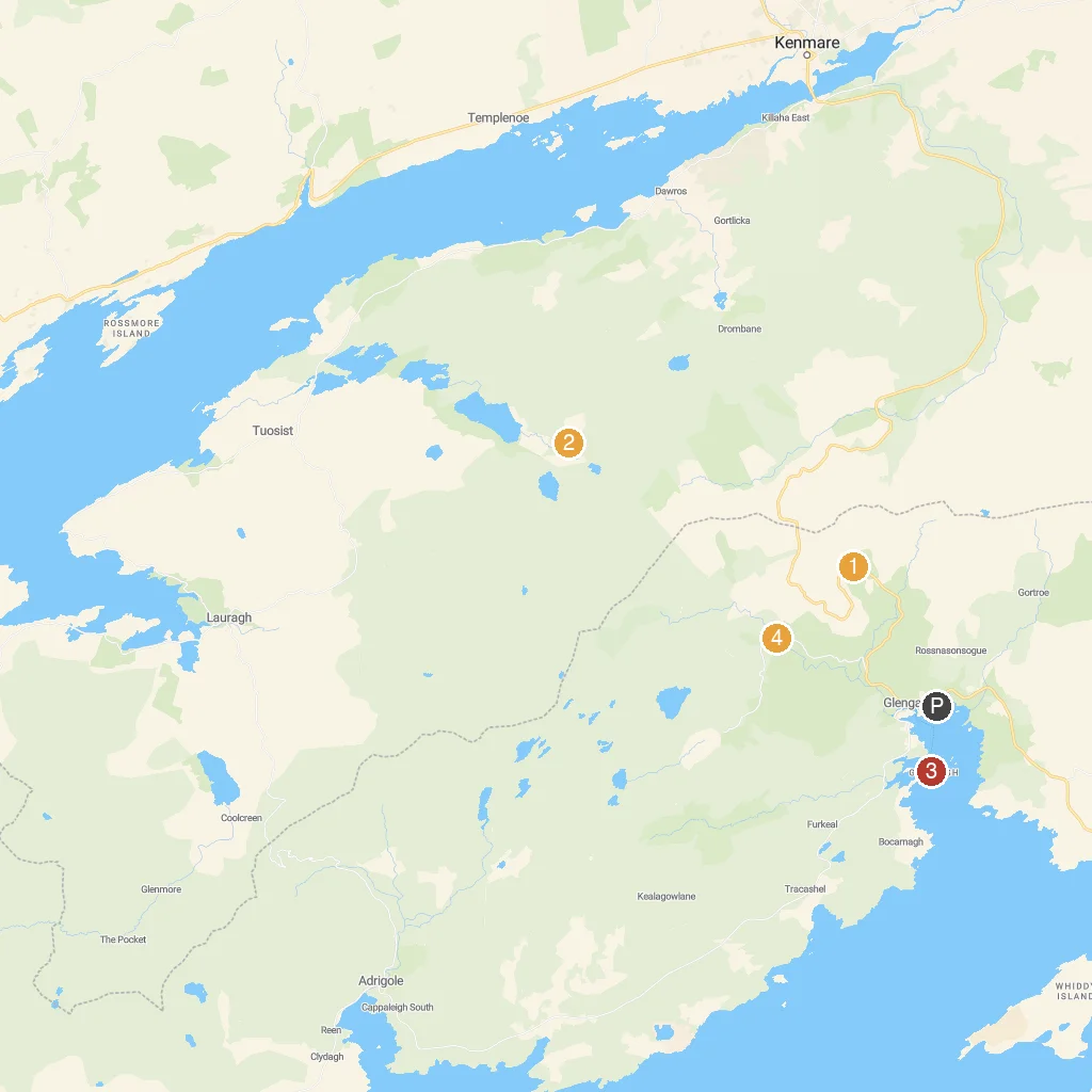 Glengarriff, County Cork, Ireland map with numbered points of interest