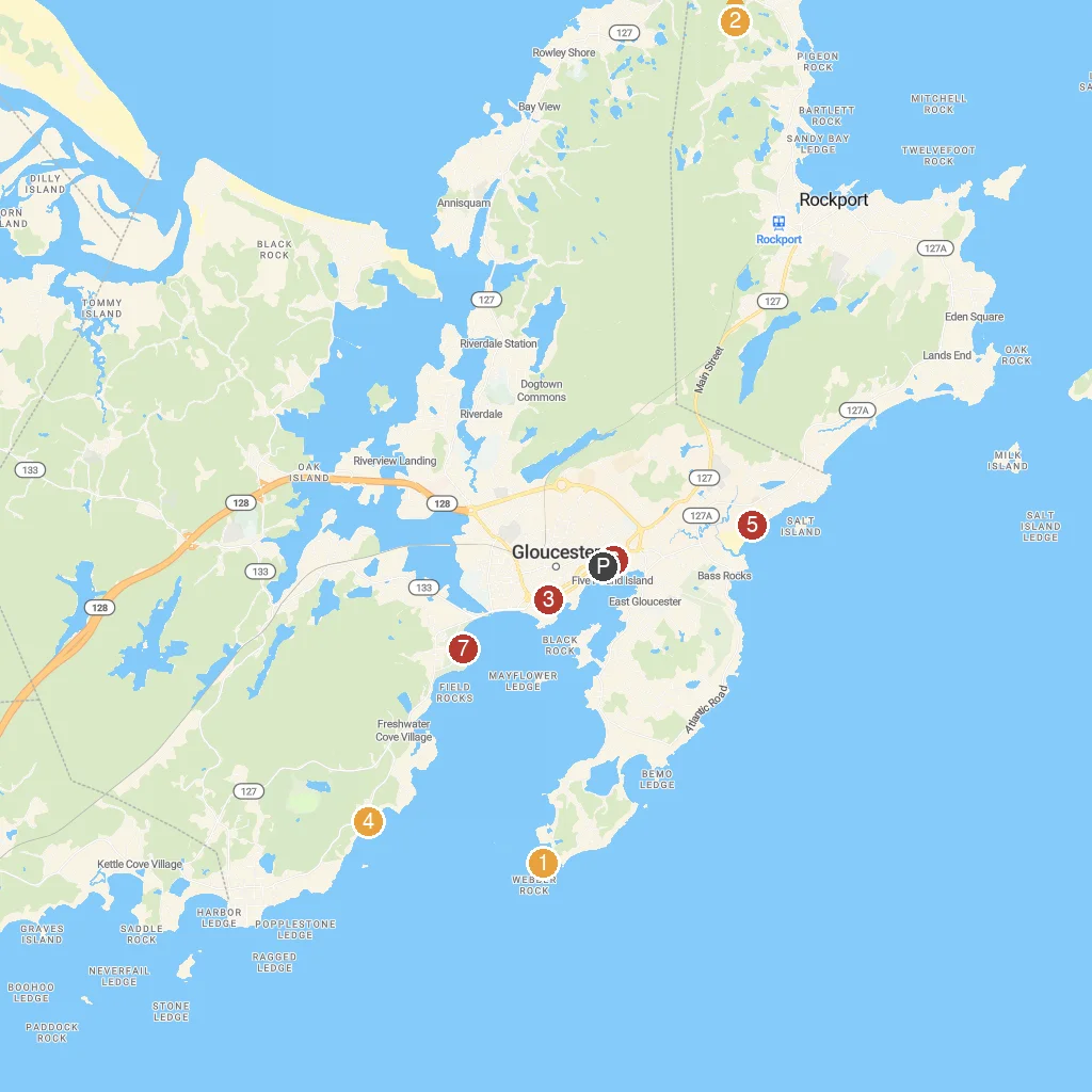 Gloucester, Massachusetts, USA map with numbered points of interest