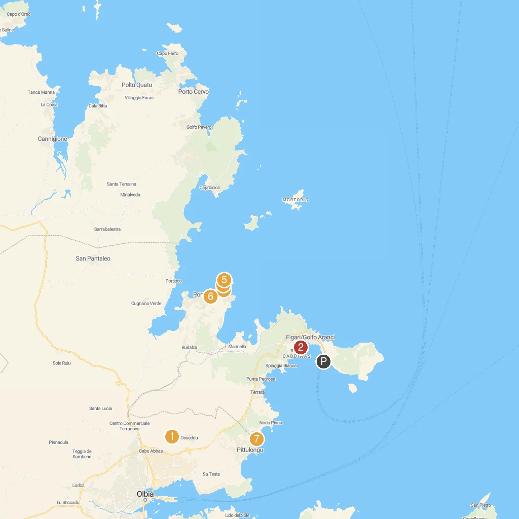 Golfo Aranci, Sardinia, Italy map with numbered points of interest