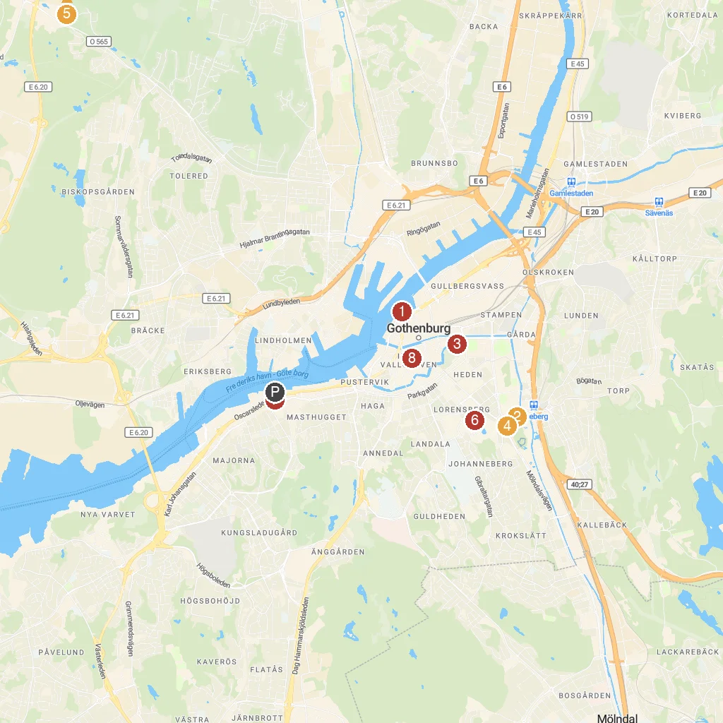 Gothenburg, Västra Götaland, Sweden map with numbered points of interest