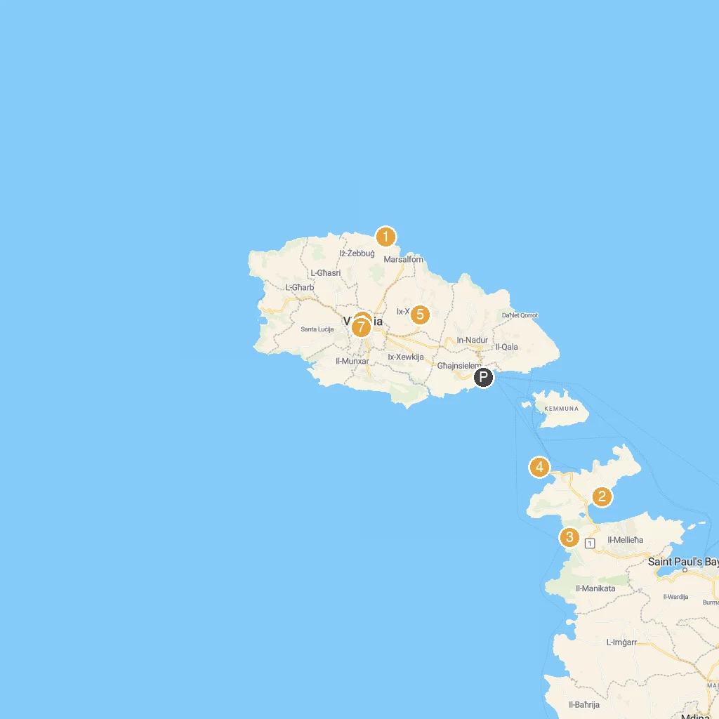 Gozo Island, Malta map with numbered points of interest