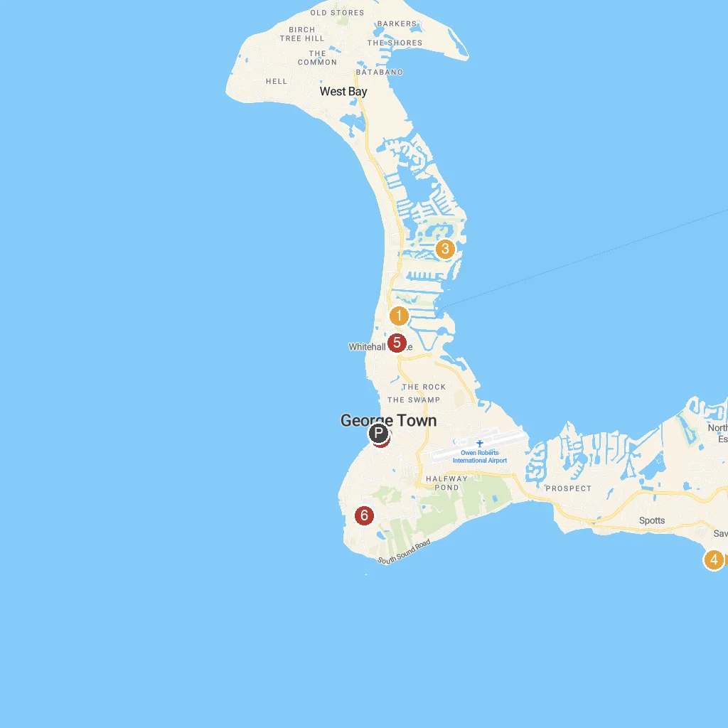 George Town, Grand Cayman, Cayman Islands map with numbered points of interest