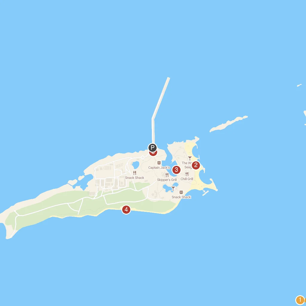 Great Harbour Cay, Berry Islands, Bahamas map with numbered points of interest