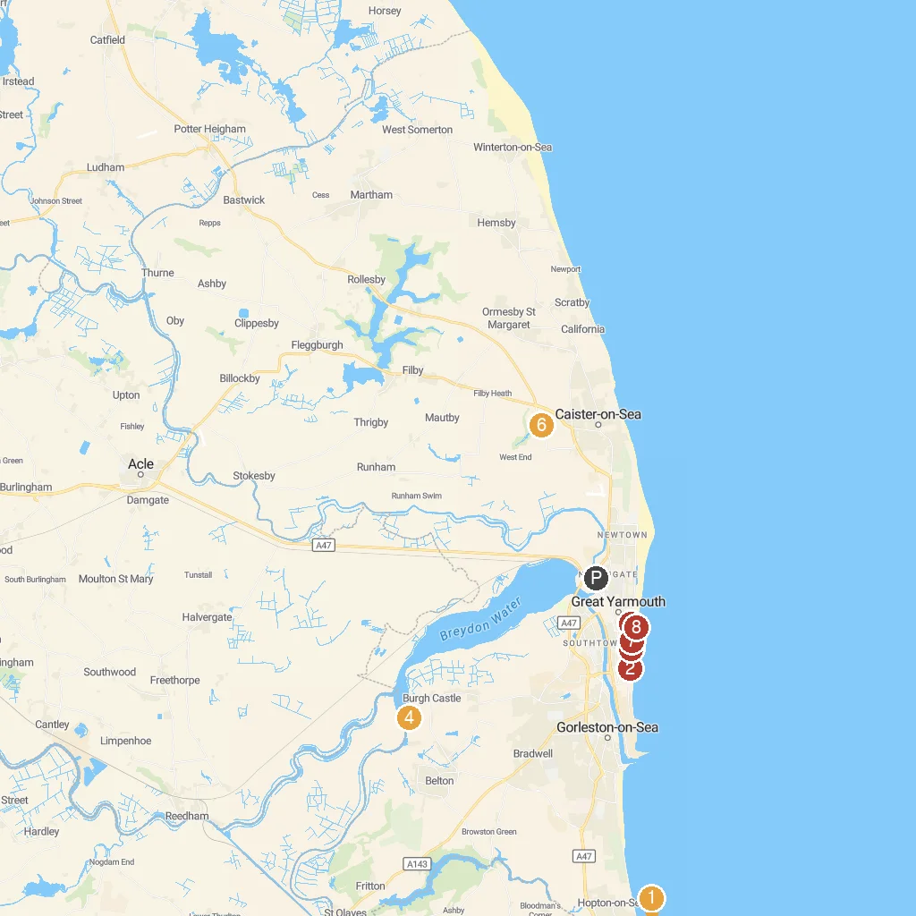 Great Yarmouth, Norfolk, England map with numbered points of interest