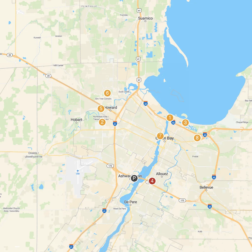 Green Bay, Wisconsin, USA map with numbered points of interest