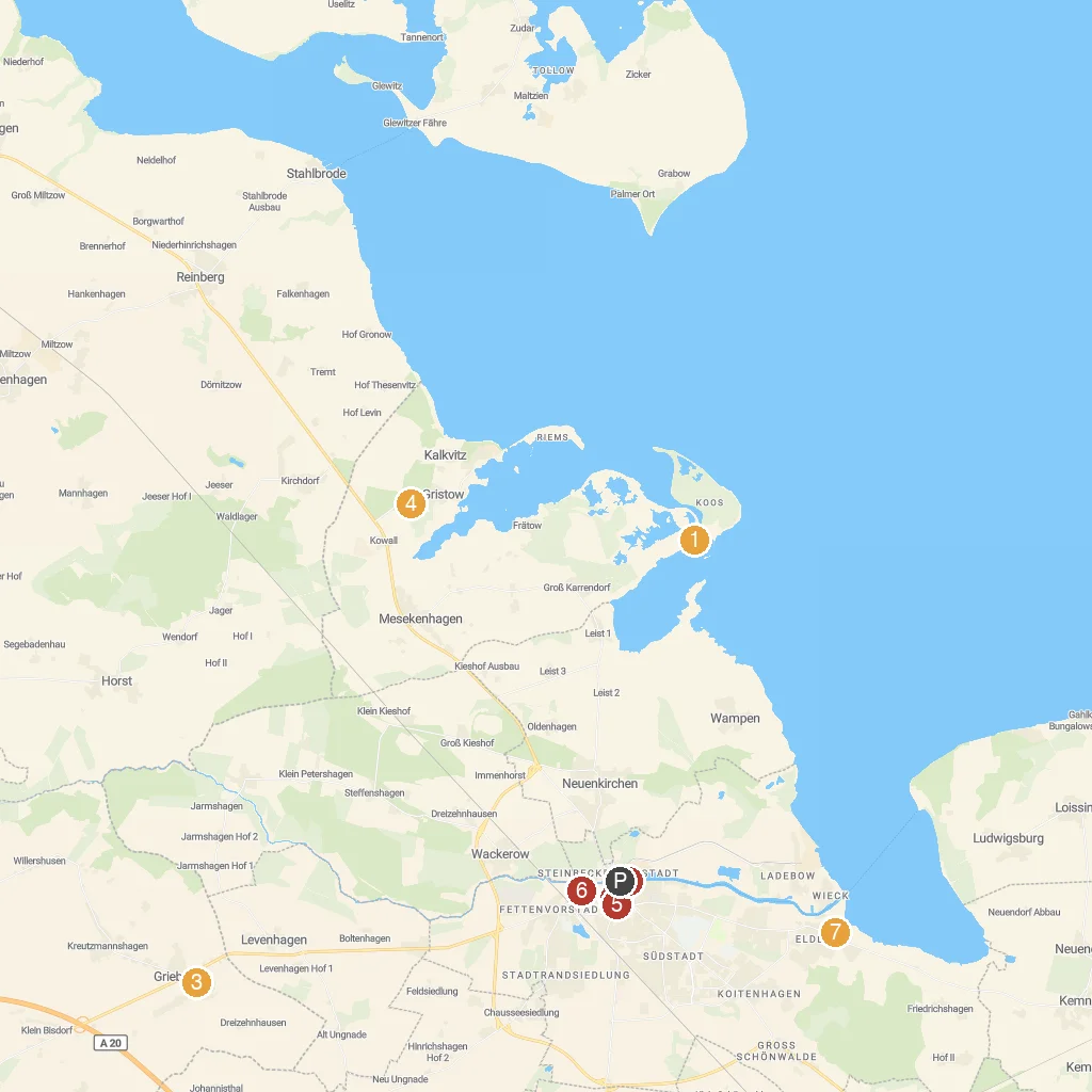 Greifswald, Mecklenburg-Vorpommern, Germany map with numbered points of interest