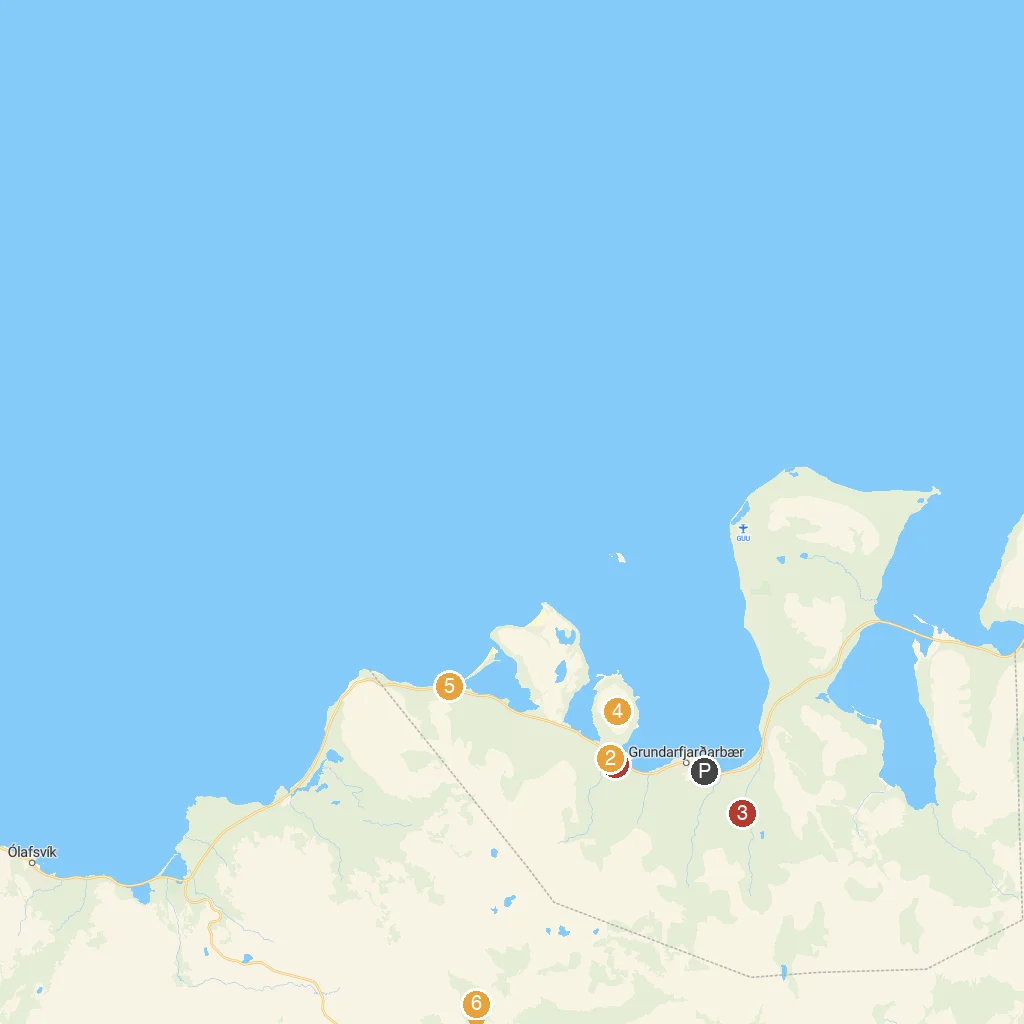 Grundarfjordur, Snaefellsnes, Iceland map with numbered points of interest