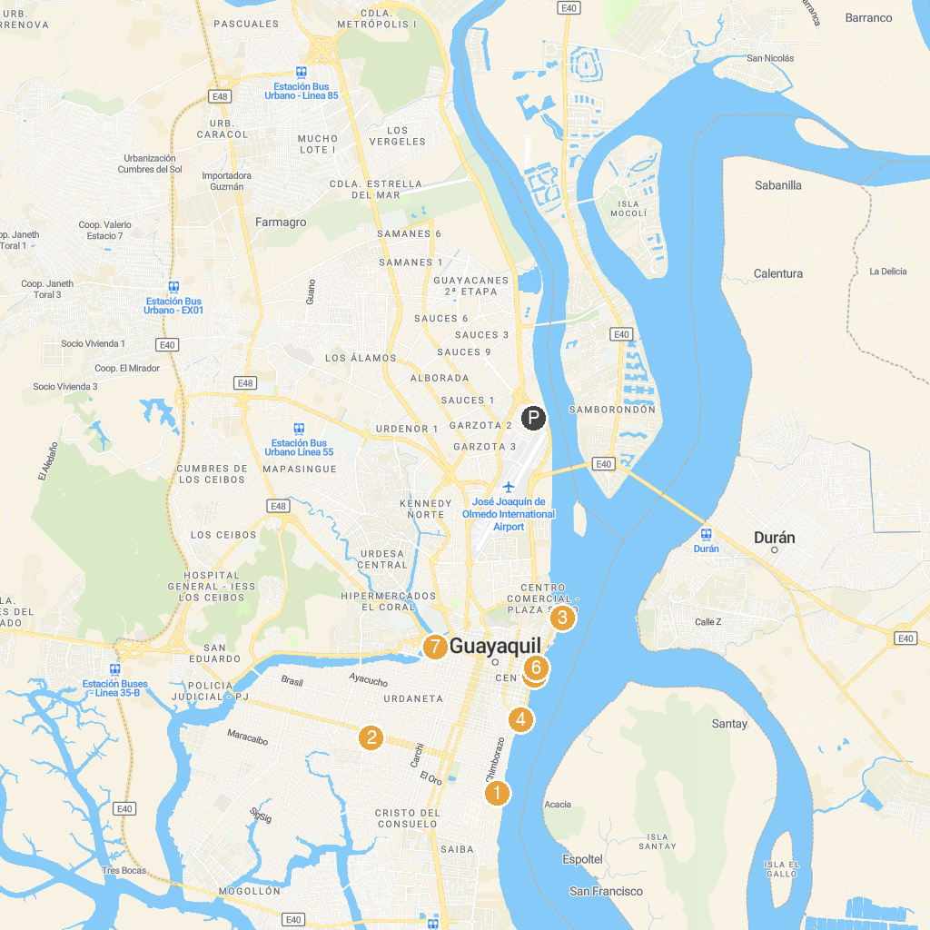 Guayaquil, Guayas, Ecuador map with numbered points of interest