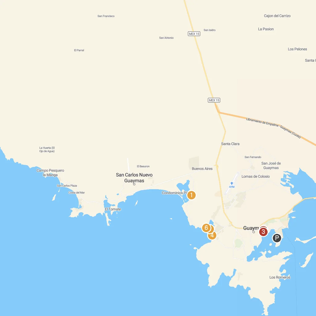 Guaymas, Sonora, Mexico map with numbered points of interest