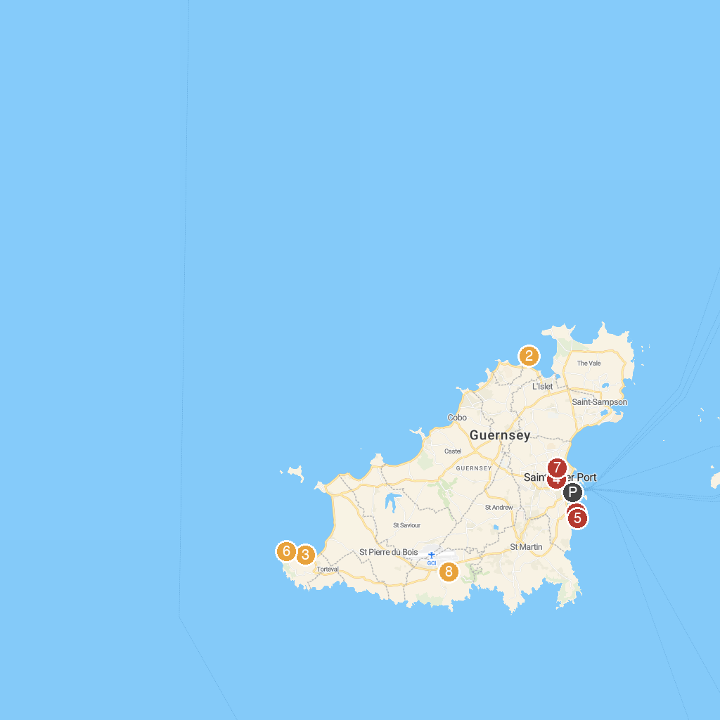 St. Peter Port, Guernsey, Channel Islands map with numbered points of interest