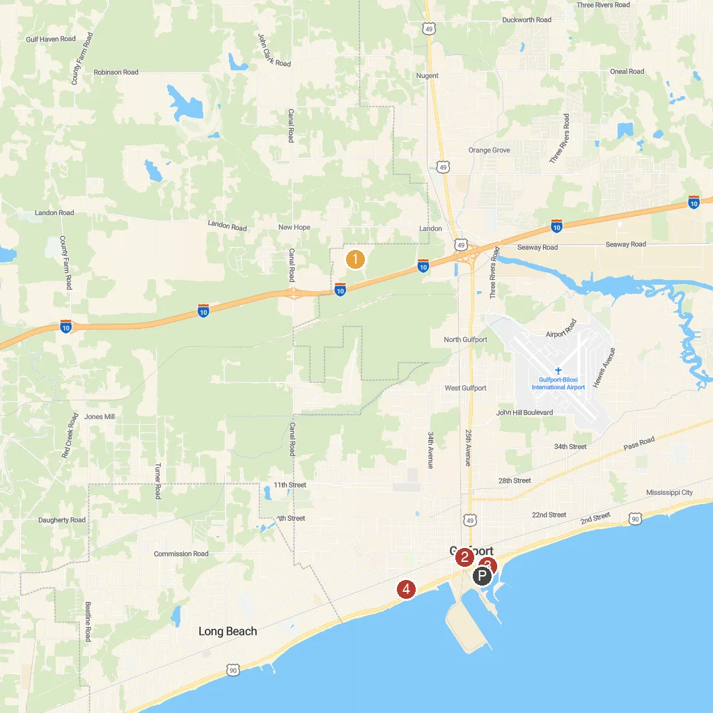 Gulfport, Mississippi, USA map with numbered points of interest