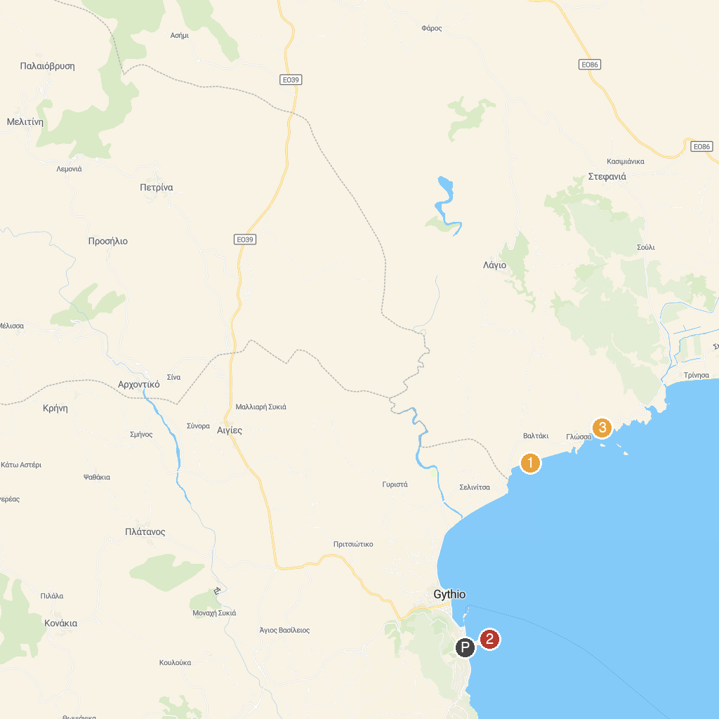 Gythion, Peloponnese, Greece map with numbered points of interest