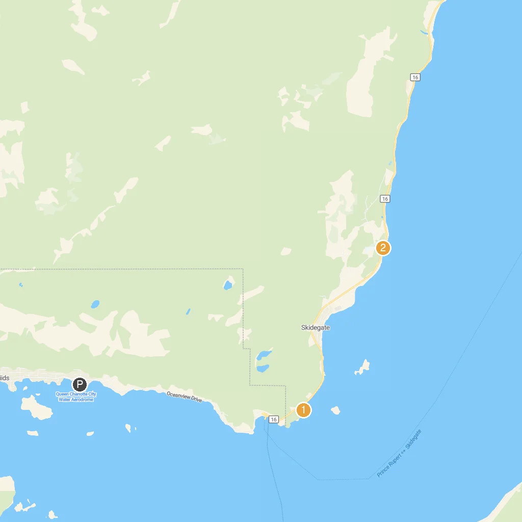 Haida Gwaii Islands, British Columbia, Canada map with numbered points of interest