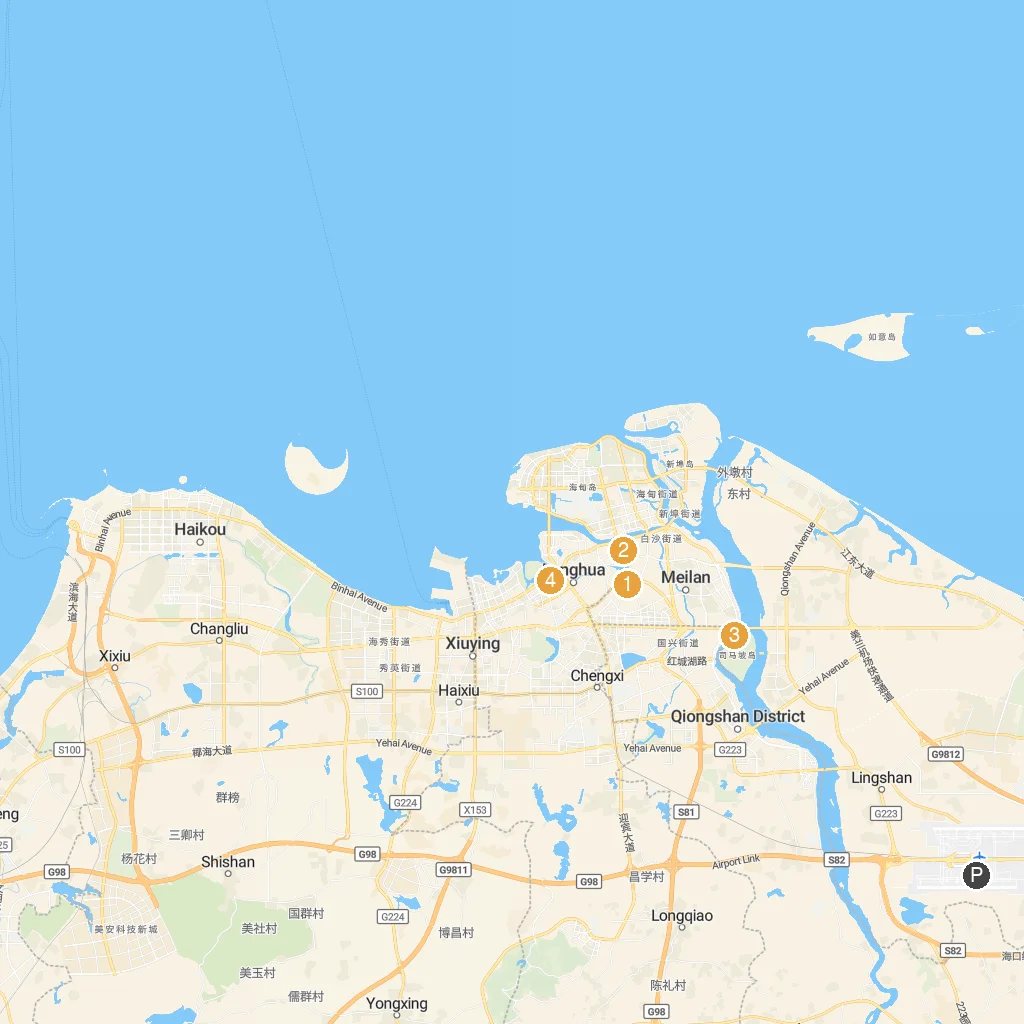 Haikou, Hainan, China map with numbered points of interest