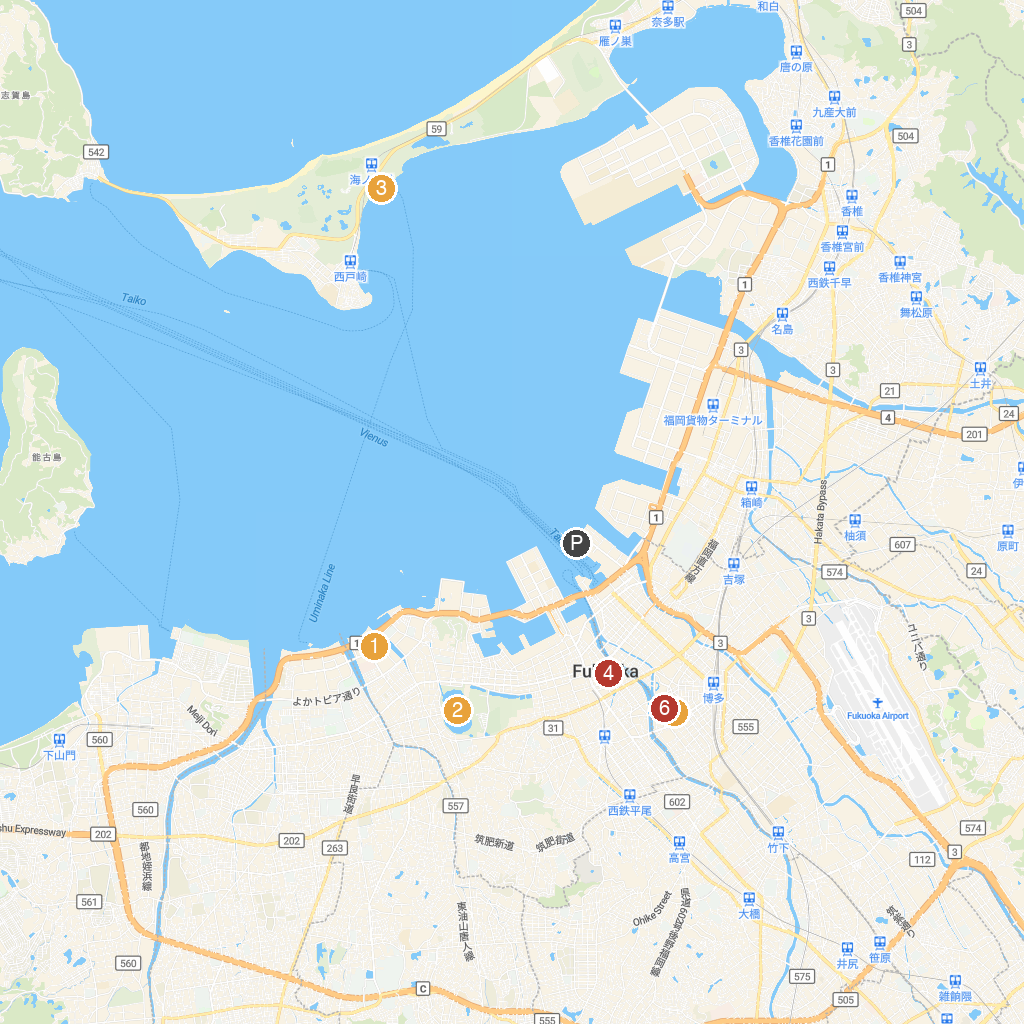 Fukuoka, Kyushu, Japan map with numbered points of interest
