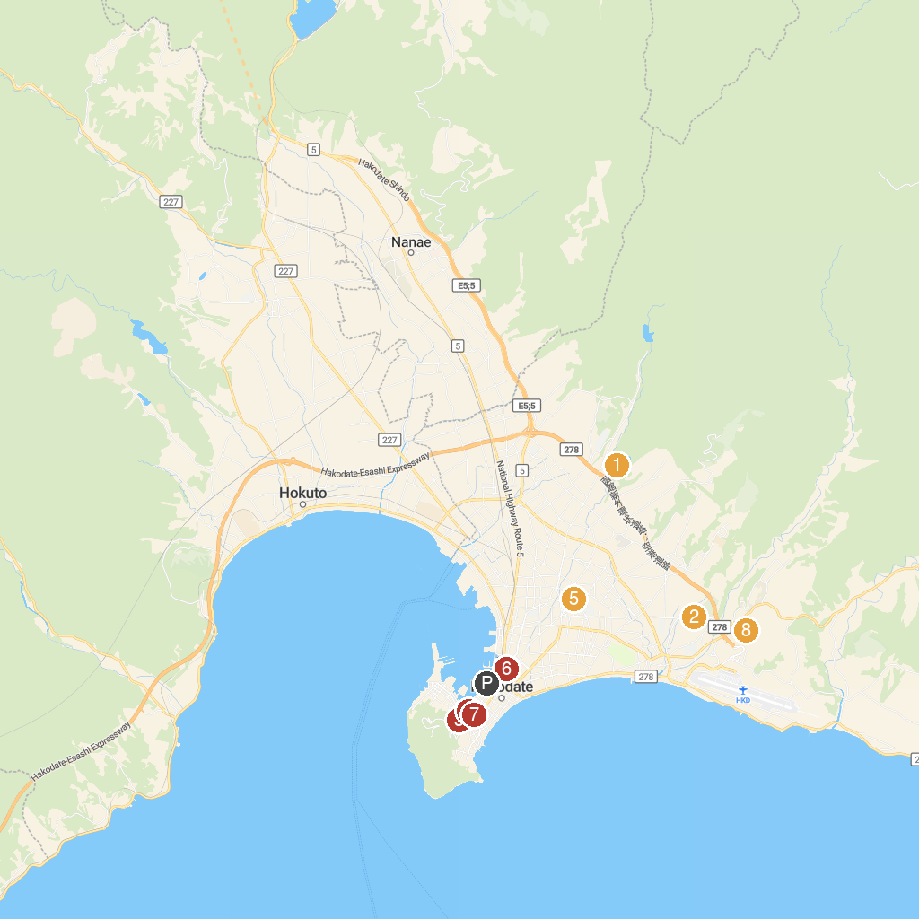 Hakodate, Hokkaido, Japan map with numbered points of interest