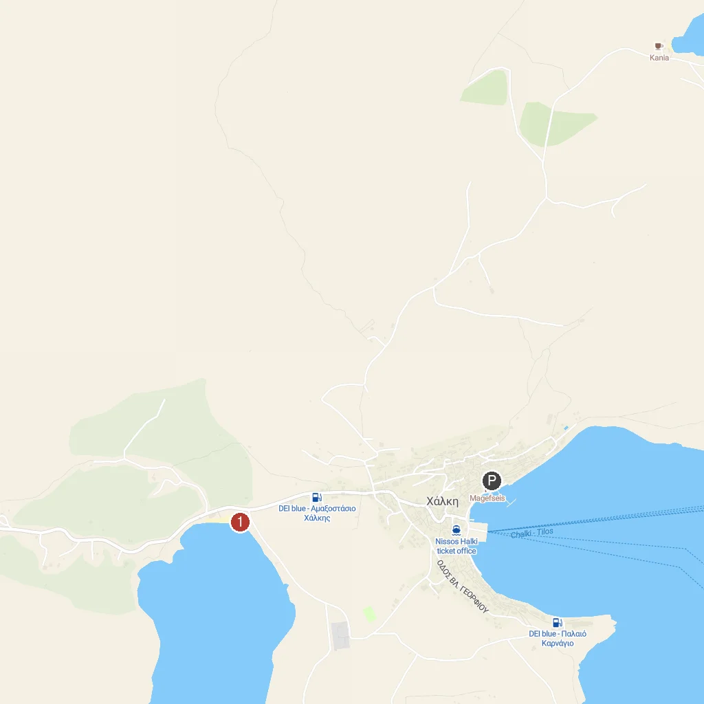 Halki Island, Dodecanese, Greece map with numbered points of interest
