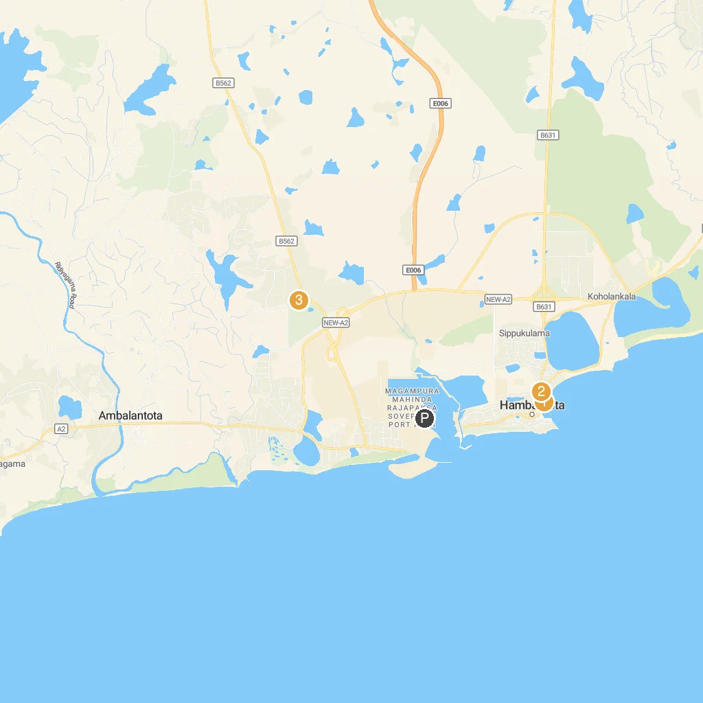 Hambantota, Sri Lanka map with numbered points of interest
