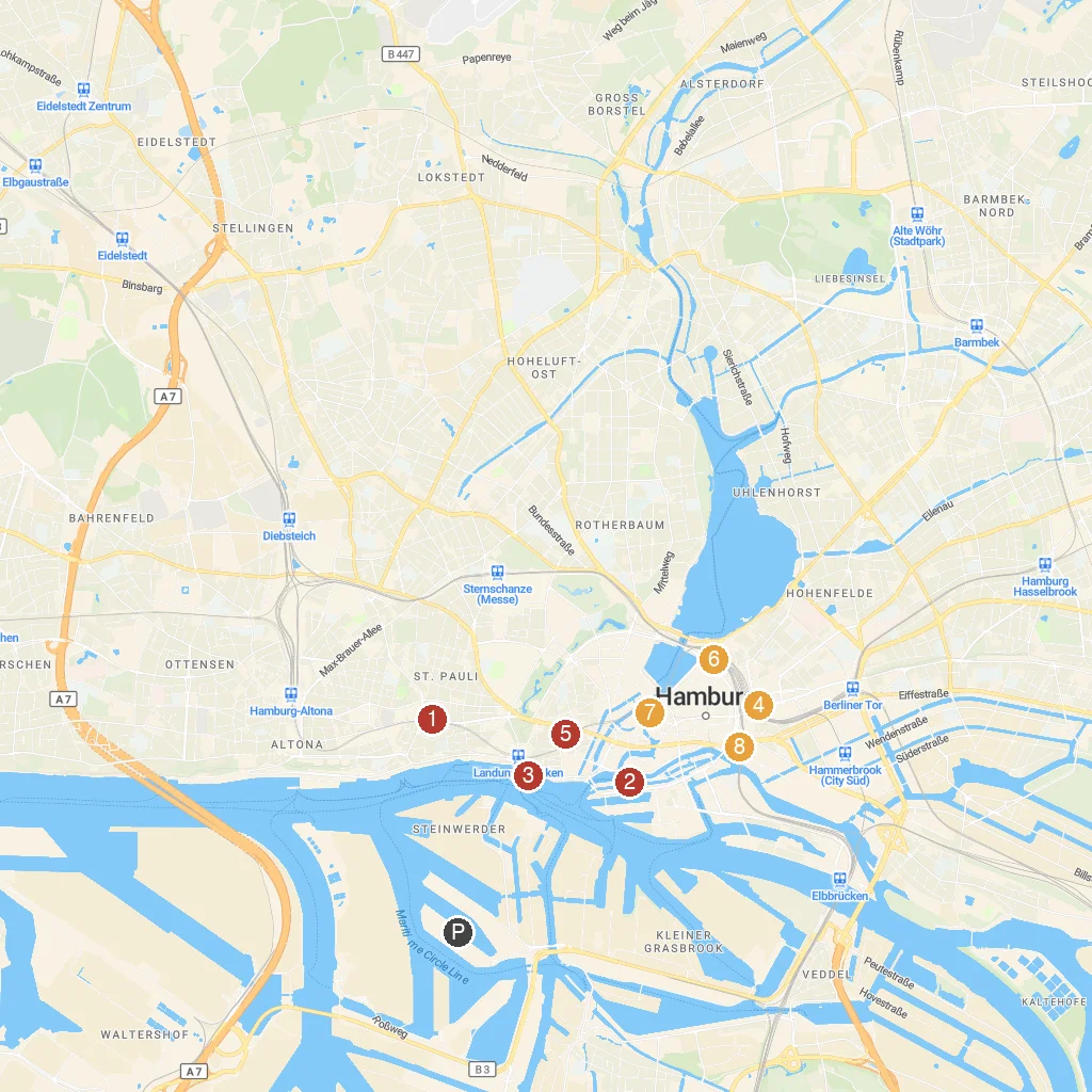 Hamburg, Germany map with numbered points of interest