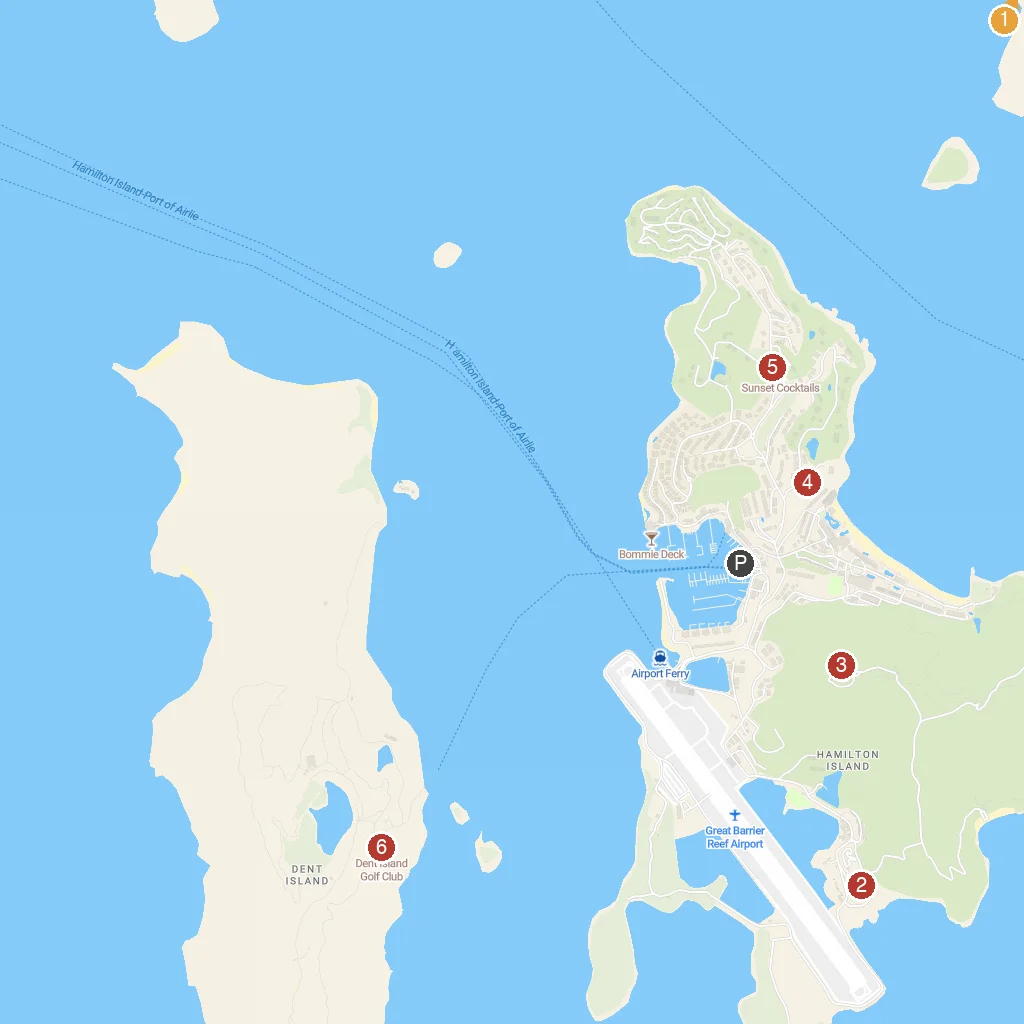 Hamilton Island, Queensland, Australia map with numbered points of interest