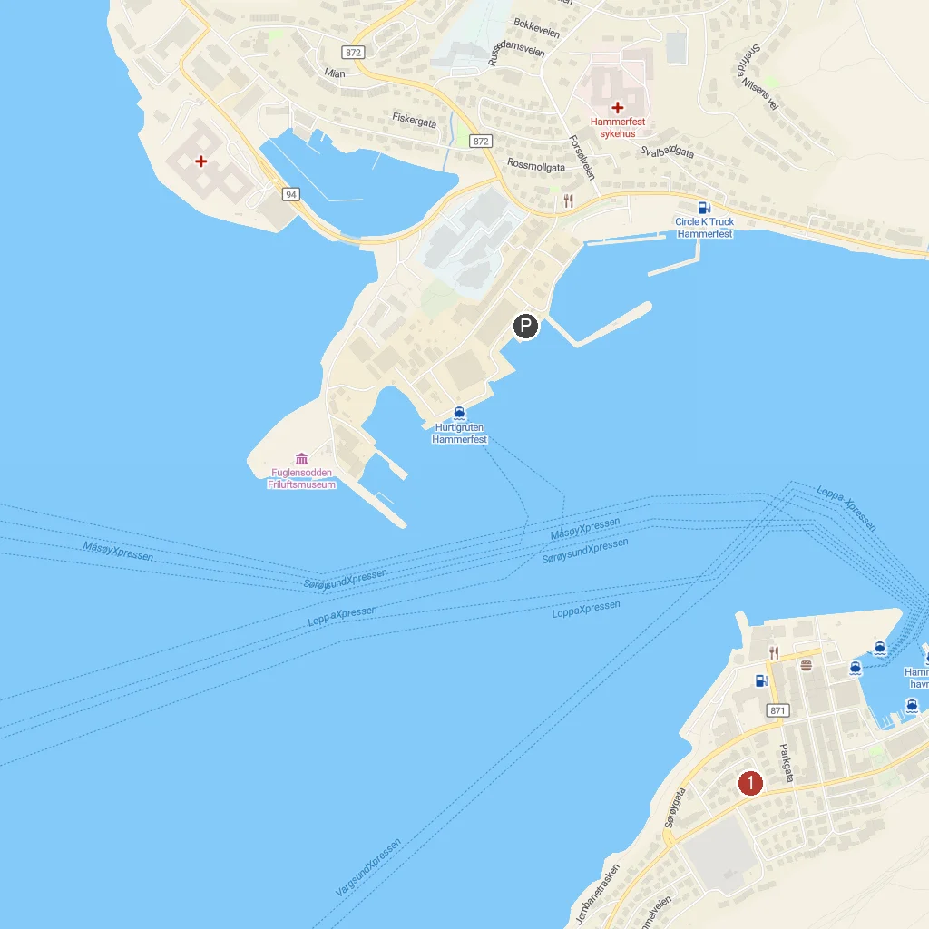 Hammerfest, Finnmark, Norway map with numbered points of interest
