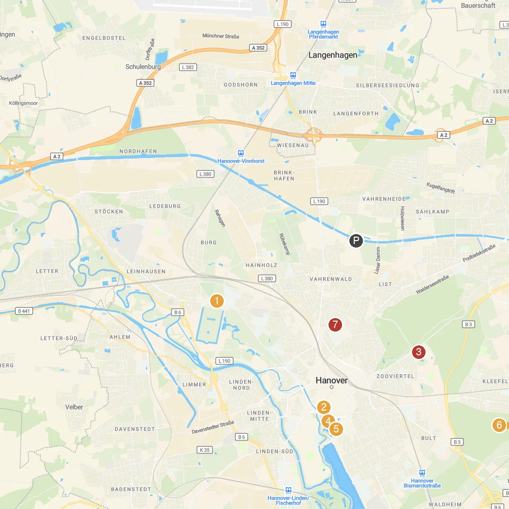 Hannover, Lower Saxony, Germany map with numbered points of interest