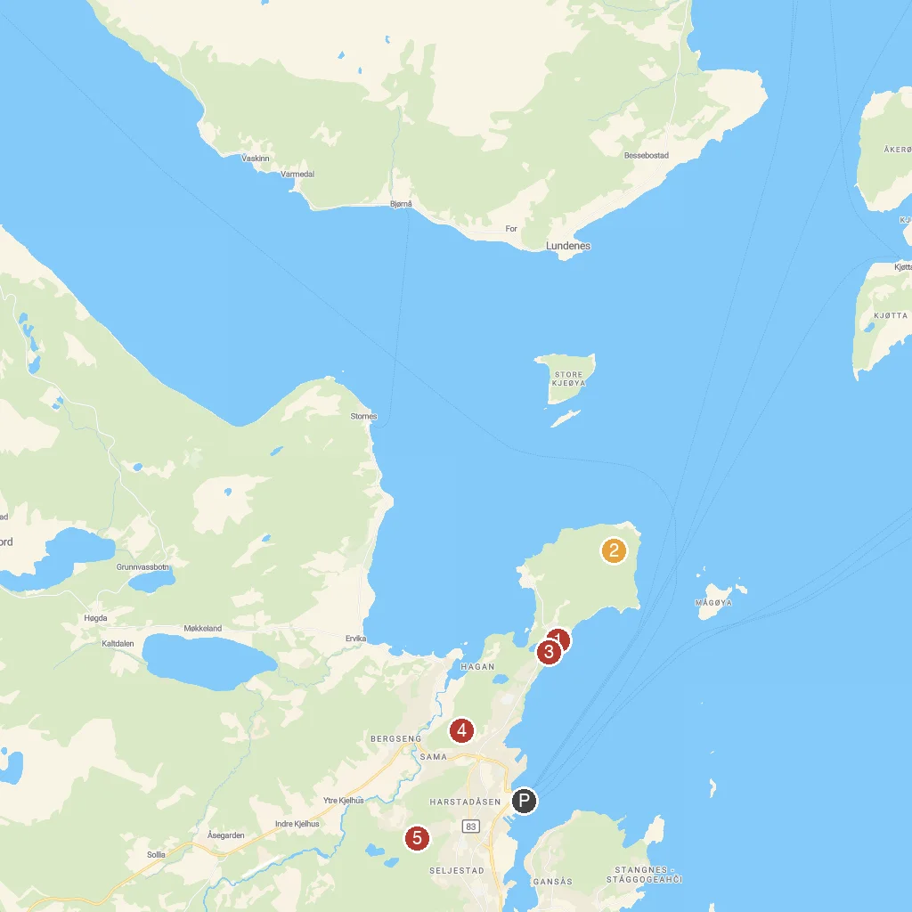 Harstad, Troms, Norway map with numbered points of interest