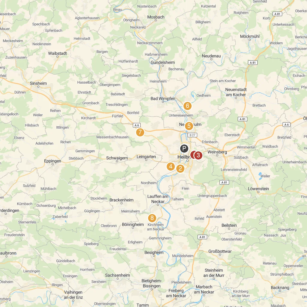 Heilbronn, Baden-Württemberg, Germany map with numbered points of interest