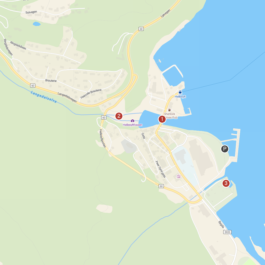 Hellesylt, Møre og Romsdal, Norway map with numbered points of interest