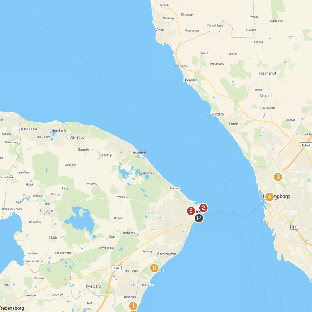 Helsingør, Zealand, Denmark map with numbered points of interest