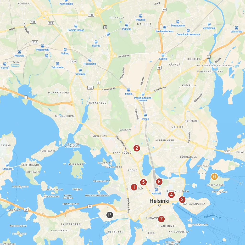 Helsinki, Uusimaa, Finland map with numbered points of interest
