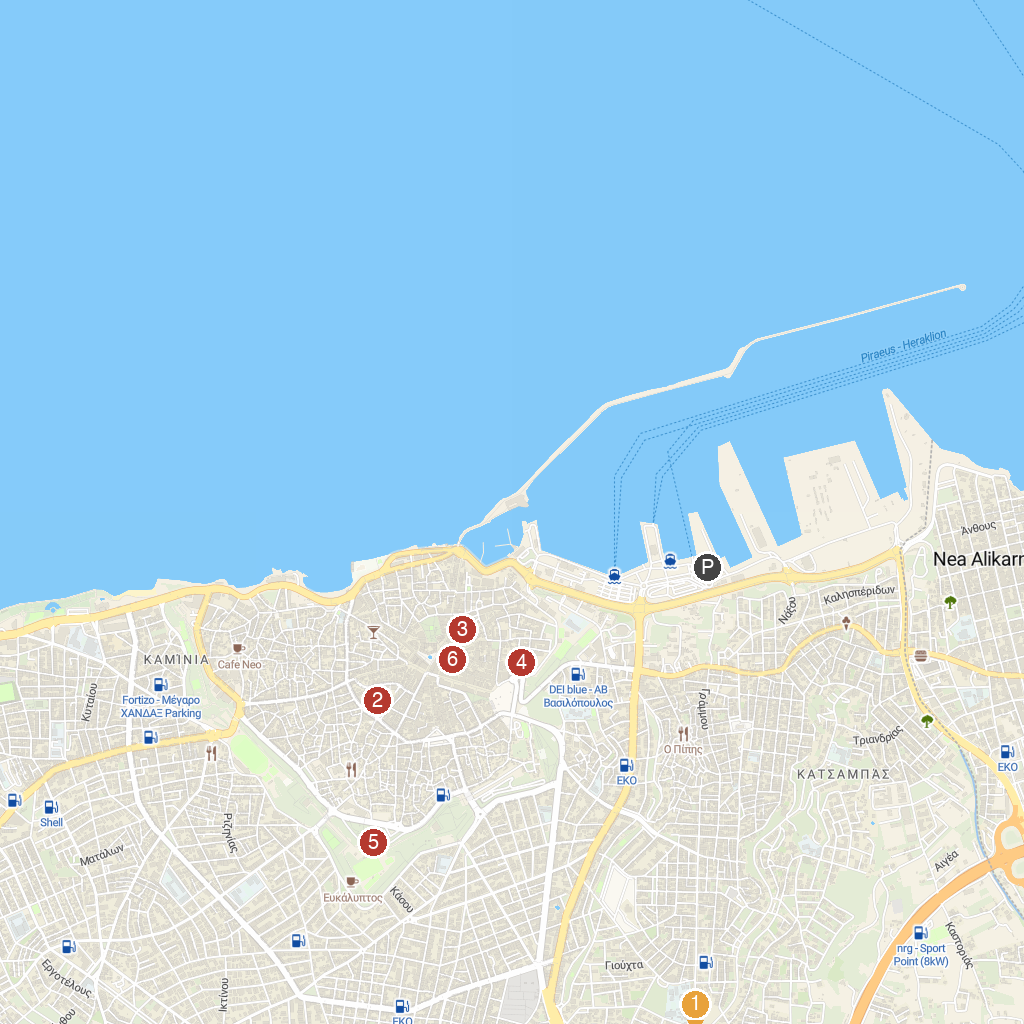 Heraklion, Crete, Greece map with numbered points of interest
