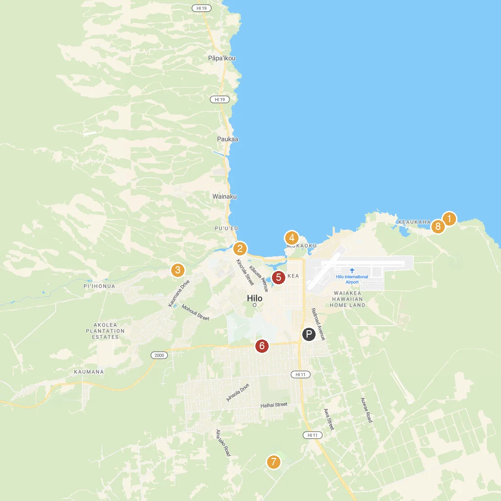 Hilo, Big Island, Hawaii, USA map with numbered points of interest