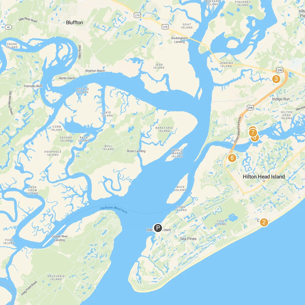 Hilton Head Island, South Carolina, USA map with numbered points of interest