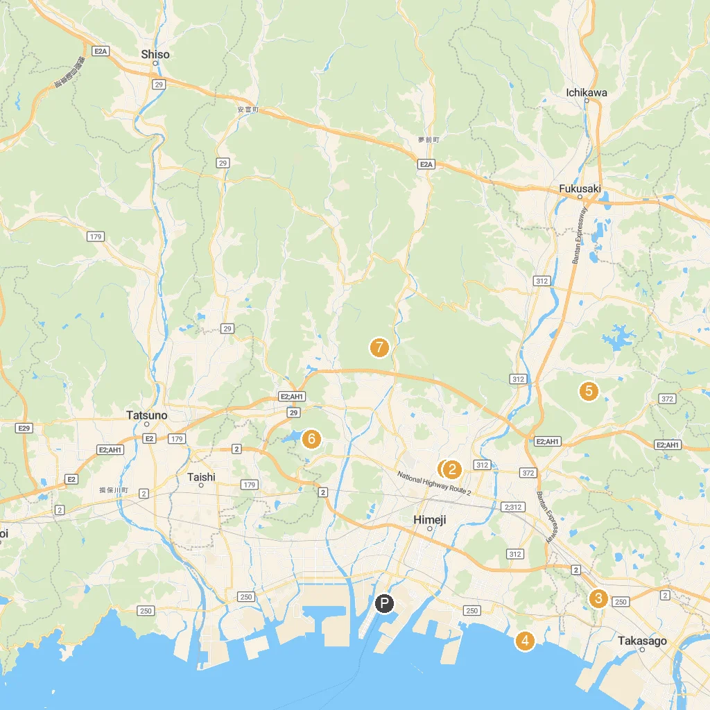 Himeji, Hyogo Prefecture, Japan map with numbered points of interest