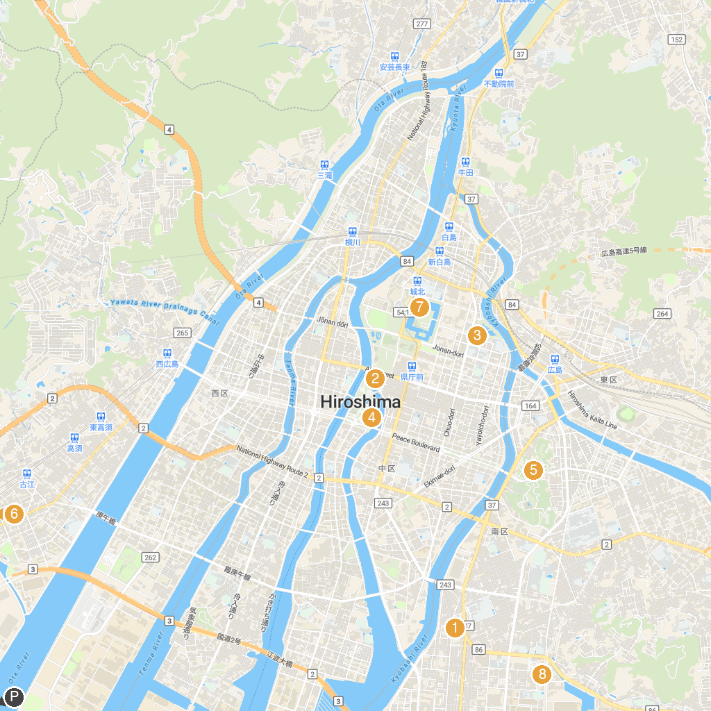 Hiroshima City, Hiroshima Prefecture, Japan map with numbered points of interest