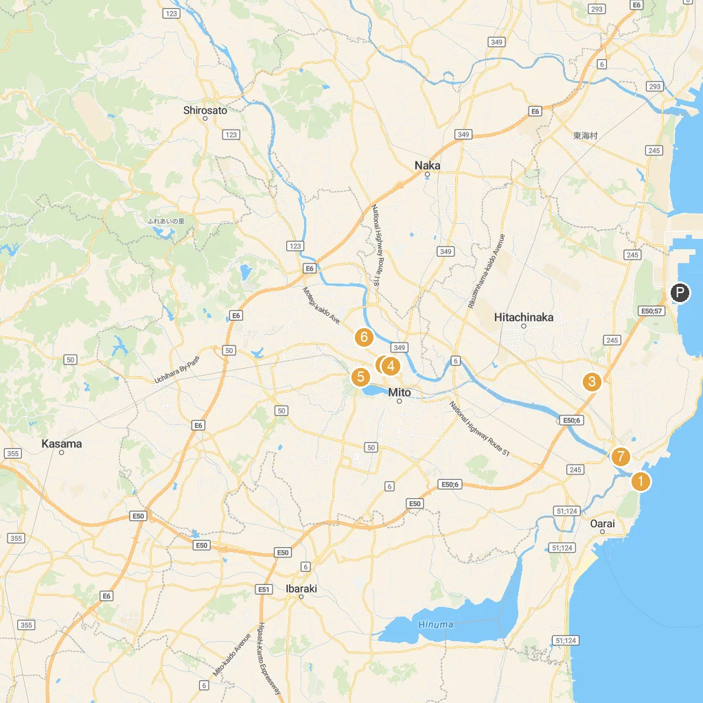 Hitachinaka, Ibaraki, Japan map with numbered points of interest